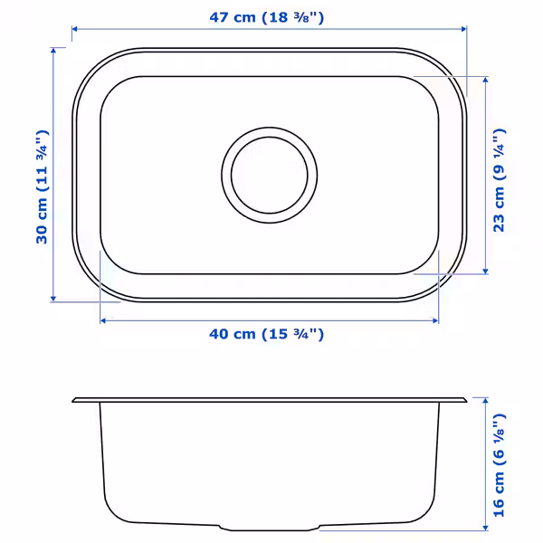 BOHOLMEN Одинарная врезная мойка - нержавеющ сталь 47x30 см - схема-чертеж с размерами