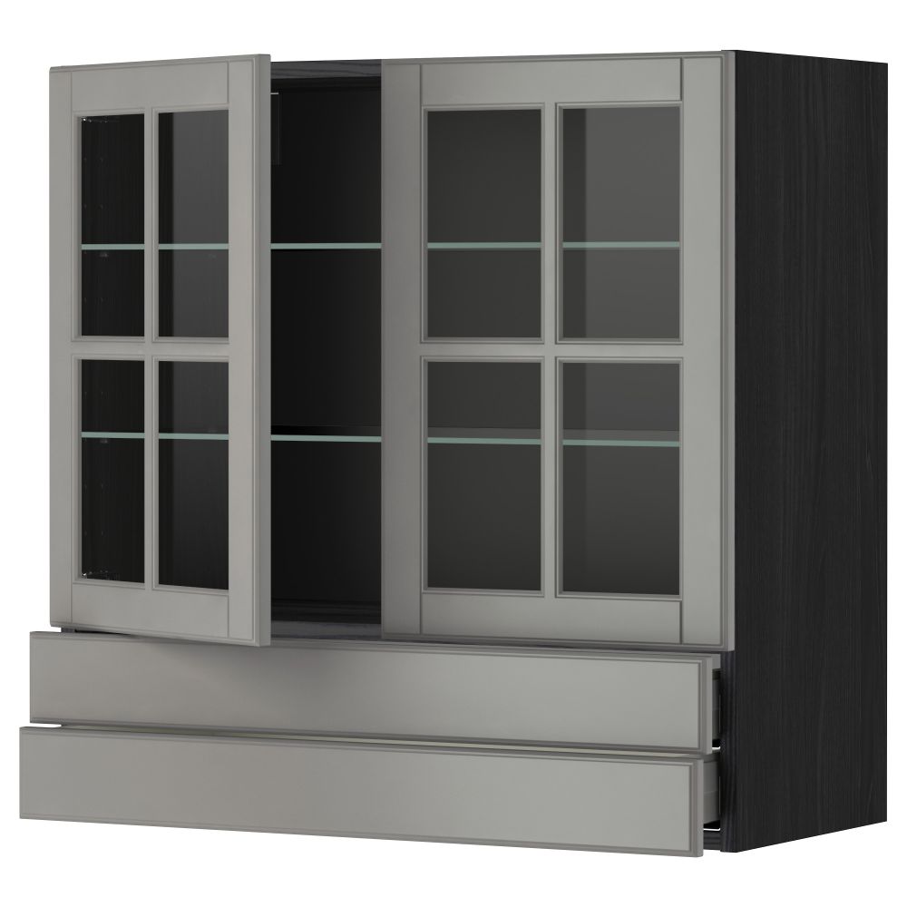 Навесной шкаф, 2 стеклянные дверцы, 2 ящика МЕТОД / МАКСИМЕРА, черный, Будбин серый - фото 1