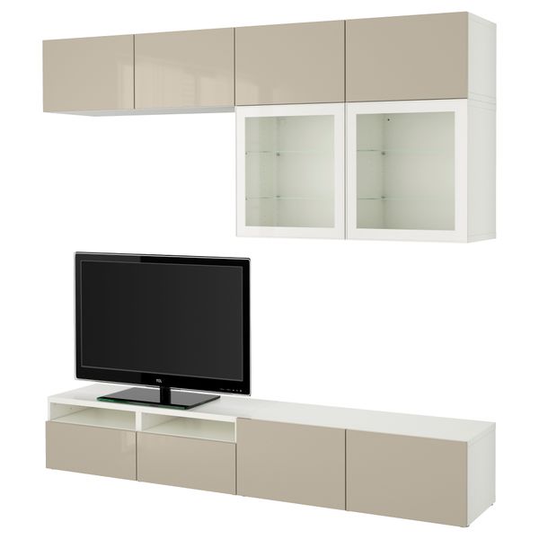 Шкаф для ТВ, комбинированный, стекляные дверцы БЕСТО, белый, Сельсвикен глянцевый/бежевый прозрачное стекло (240x40x230 см) - фото 1