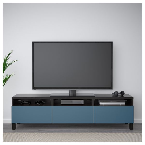 Тумба для ТВ с ящиками БЕСТО, черно-коричневый, Вальвикен темно-синий (180x40x48 см) - фото 2