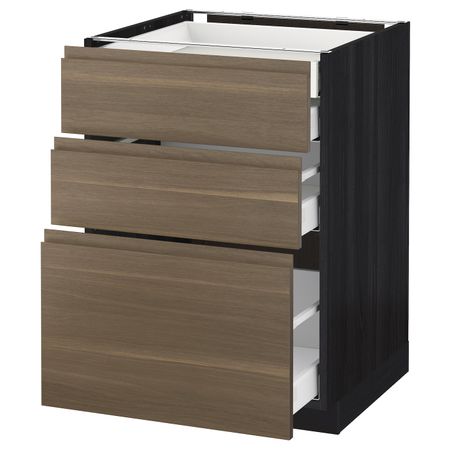 Напольный шкаф 3 фронтальные панели, 2 низких, 1 средний, 1 встроенный ящ, черный/Воксторп грецкий орех 60x60 см IKEA МЕТОД /