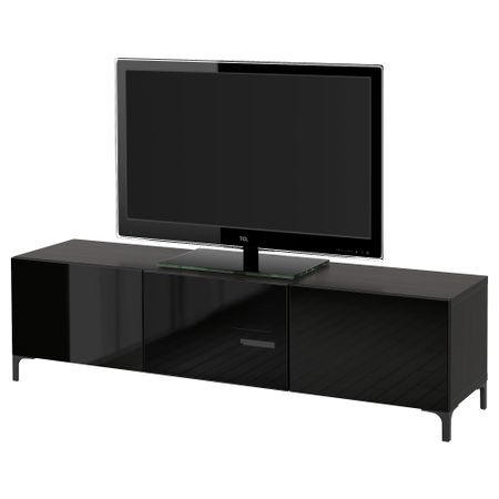 Тумба под ТВ с ящиками и дверцей БЕСТО, черно-коричневый, Сельсвикен глянцевый/черный дымчатое стекло (180x40x48 см)