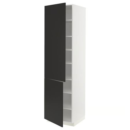 METOD Высокий шкаф с полками/2 дверцы - белый/Nickebo матовый антрацит 60x60x220 см