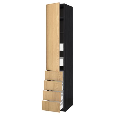 Высокий шкаф с полками/6 ящик, дверцами, 4 фронтальные панели МЕТОД / МАКСИМЕРА, черный, Экестад дуб