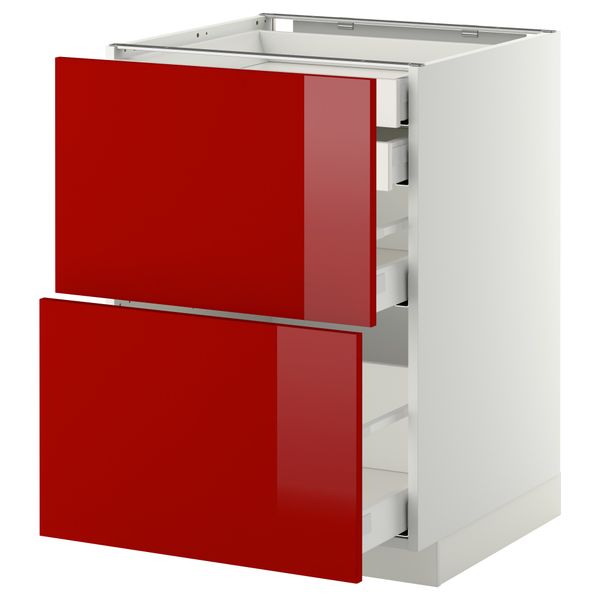 Напольный шкаф 2 фронтальные панели, 2 нижних, 1 средний, 1 высокий ящик МЕТОД / МАКСИМЕРА, белый, Рингульт красный - схема-чертеж с размерами