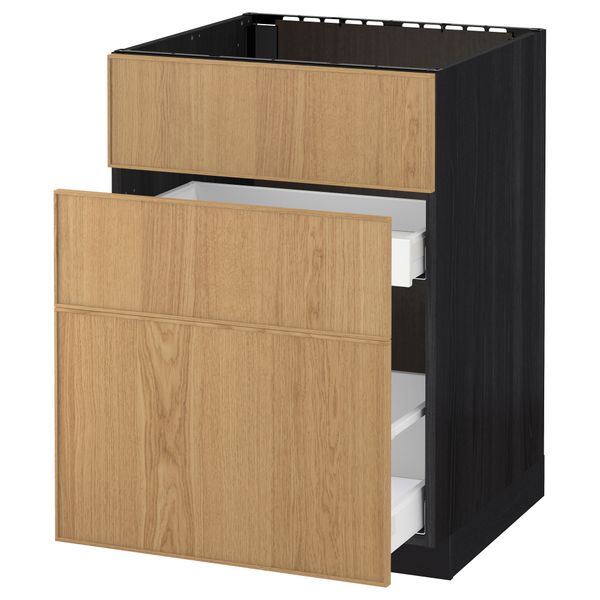Напольный шкаф под мойку + 3 фронтальных панели, 2 ящика МЕТОД / МАКСИМЕРА, черный, Экестад дуб - схема-чертеж с размерами
