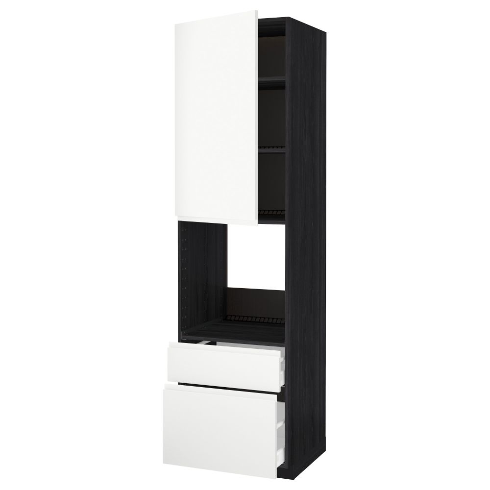 Высокий шкаф для духовки + дверца, 2 фронтальные панели, 1 средняя, 1 встроенный ящик МЕТОД / МАКСИМЕРА, черный, Воксторп белый - схема-чертеж с размерами