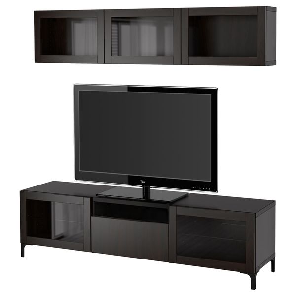 Шкаф для ТВ, комбинированный, стекляные дверцы БЕСТО, Лаппвикен, Синдвик черно-коричневый прозрачное стекло (180x20/40x166 см) - фото 1