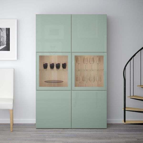 Комбинация для хранения + стеклянная дверц, под беленый дуб Сельсвикен, глянцевый/серо-зеленый светлый прозрачное стекло, - фото 2