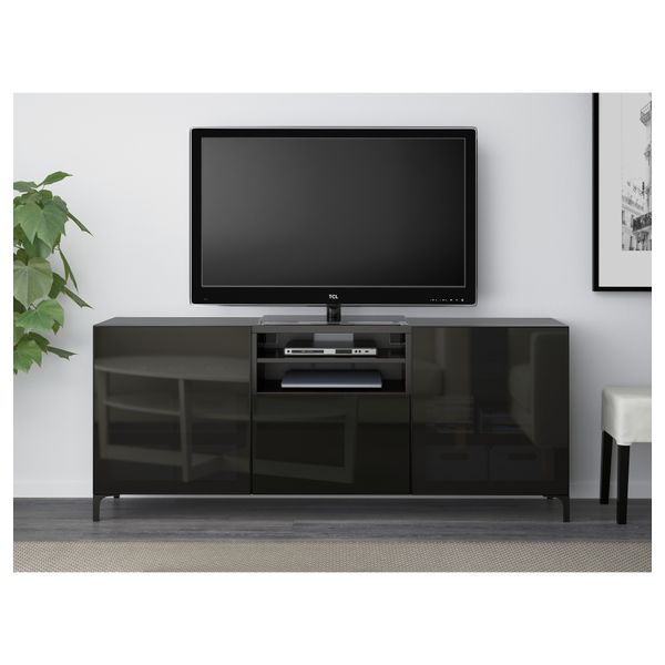 Тумба для ТВ с ящиками БЕСТО, черно-коричневый, Сельсвикен глянцевый/черный дымчатое стекло (180x40x74 см) - фото 2