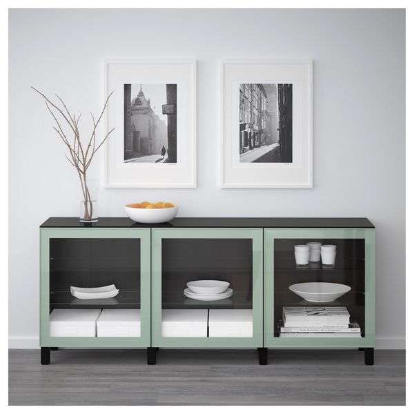 Комбинация для хранения с дверцами БЕСТО, черно-коричневый Глассвик, глянцевый/серо-зеленый светлый прозрачное стекло (180x40x74 - схема-чертеж с размерами