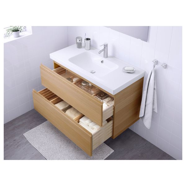 Шкаф для раковины с 2 ящиками ГОДМОРГОН / ОДЕНСВИК, дубовый шпон, беленый под беленый дуб (100x49x64 см) - фото 3