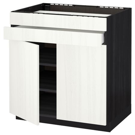 Напольный шкаф для варочной панели, 2 ящика, 2 фасада, 1 ящик МЕТОД / МАКСИМЕРА, черный, Росдаль белый (80x60 см)