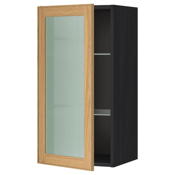 Навесной шкаф с полками, стекляными дверцы МЕТОД, черный, Экестад дуб - схема-чертеж с размерами