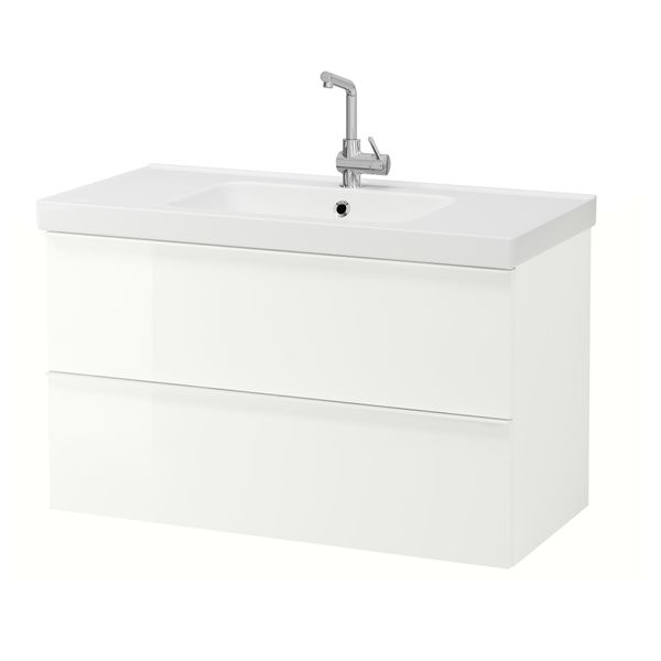 Шкаф для раковины с 2 ящиками ГОДМОРГОН / ОДЕНСВИК, глянцевый белый (100x49x64 см) - схема-чертеж с размерами