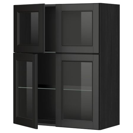Навесной шкаф с полками, 4 стекло дверцы МЕТОД, черный, Лаксарби черно-коричневый (80x100 см)