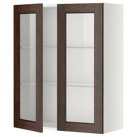 Навесной шкаф с полками, 2 стекло дв, белый/Эдсерум коричневый 80x100 см IKEA METOD МЕТОД 692.267.37
