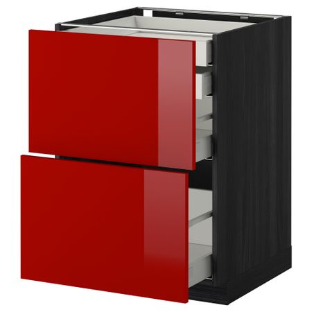 Напольный шкаф 2 фронтальные панели, 2 нижних, 1 средний, 1 высокий ящик МЕТОД / МАКСИМЕРА, черный, Рингульт красный