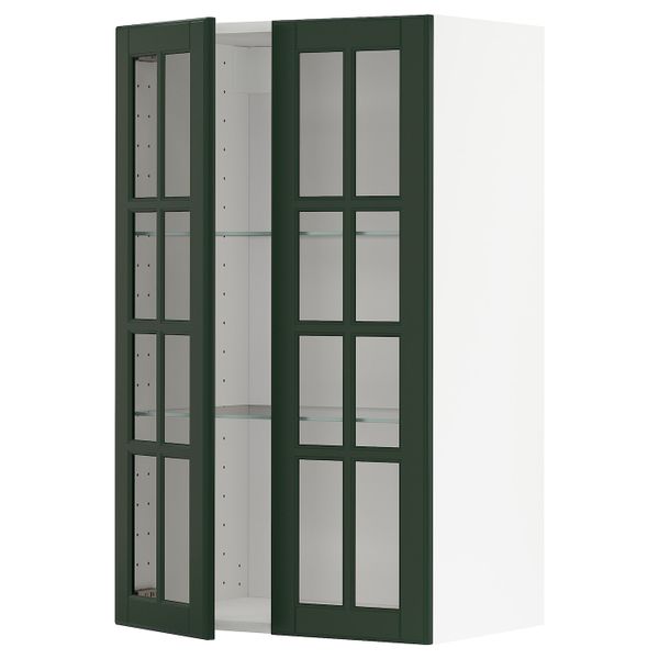 Навесной шкаф с полками, 2 стекло дв, белый/Будбин темно-зеленый 60x100 см IKEA METOD МЕТОД 893.122.77 - фото 1
