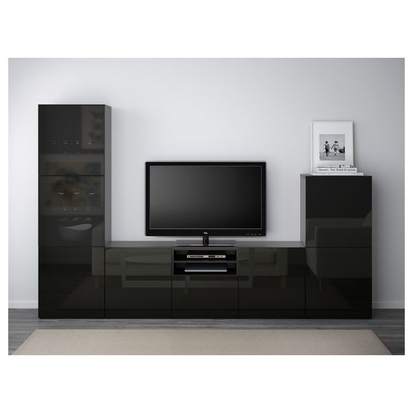 Шкаф для ТВ, комбинированный, стекляные дверцы БЕСТО, черно-коричневый, Сельсвикен глянцевый/черный дымчатое стекло (300x40x192 - фото 2