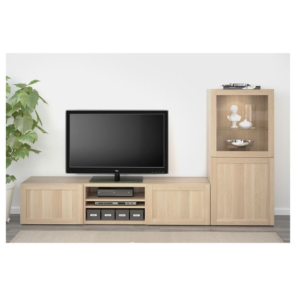 Шкаф для ТВ, комбинированный, стекляные дверцы БЕСТО, Ханвикен, Синдвик под беленый дуб, прозрачное стелко (240x40x128 см) - фото 2