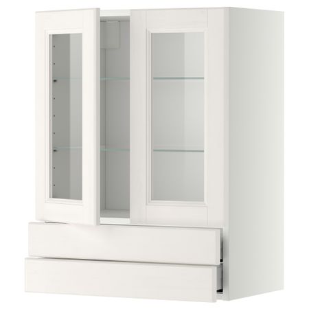 Навесной шкаф, 2 стеклянные дверцы, 2 ящика МЕТОД / МАКСИМЕРА, белый, Лаксарби белый