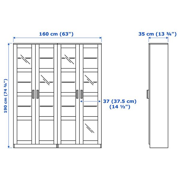 Комбинация для хранения + стеклянная дверц, белый 160x35x190 см IKEA BRIMNES БРИМНЭС 092.782.39 - схема-чертеж с размерами