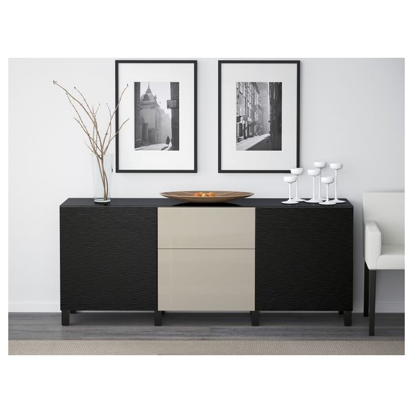 Комбинация для хранения с дверцами, ящиками БЕСТО, Лаксвикен черный, Сельсвикен глянцевый/бежевый (180x40x74 см) - фото 2