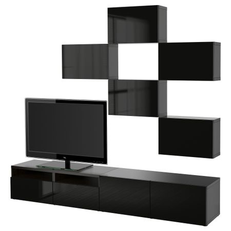 Шкаф для ТВ, комбинация БЕСТО, черно-коричневый, Сельсвикен глянцевый/черный (240x20/40x204 см)