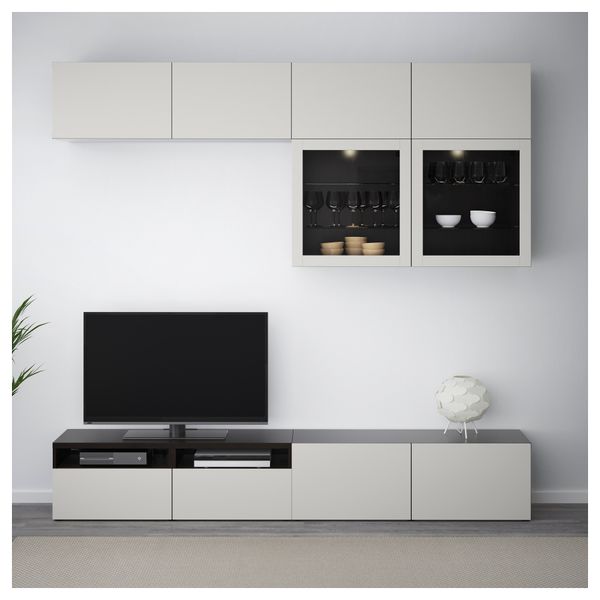 Шкаф для ТВ, комбинированный, стекляные дверцы БЕСТО, черно-коричневый Лаппвикен, Синдвик светло-серый прозрачное стекло - фото 2