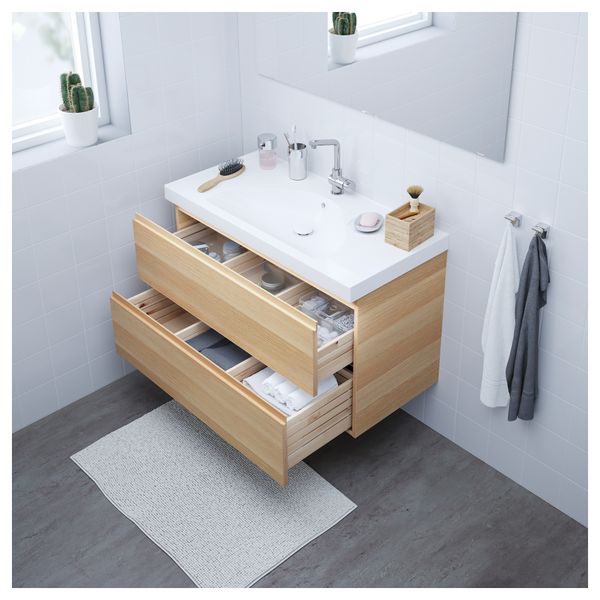 Шкаф для раковины с 2 ящиками ГОДМОРГОН / ЭДЕБОВИКЕН, под беленый дуб (100x49x64 см) - схема-чертеж с размерами