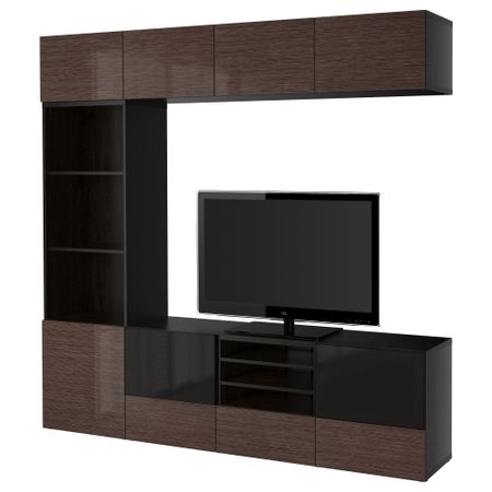 Шкаф для ТВ, комбинированный, стекляные дверцы БЕСТО, черно-коричневый, Сельсвикен глянцевый/коричневый дымчат стекло