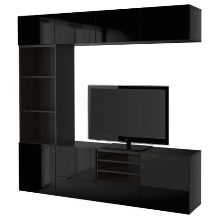 Шкаф для ТВ, комбинированный, стекляные дверцы БЕСТО, черно-коричневый, Сельсвикен глянцевый/черный дымчатое стекло (240x40x230