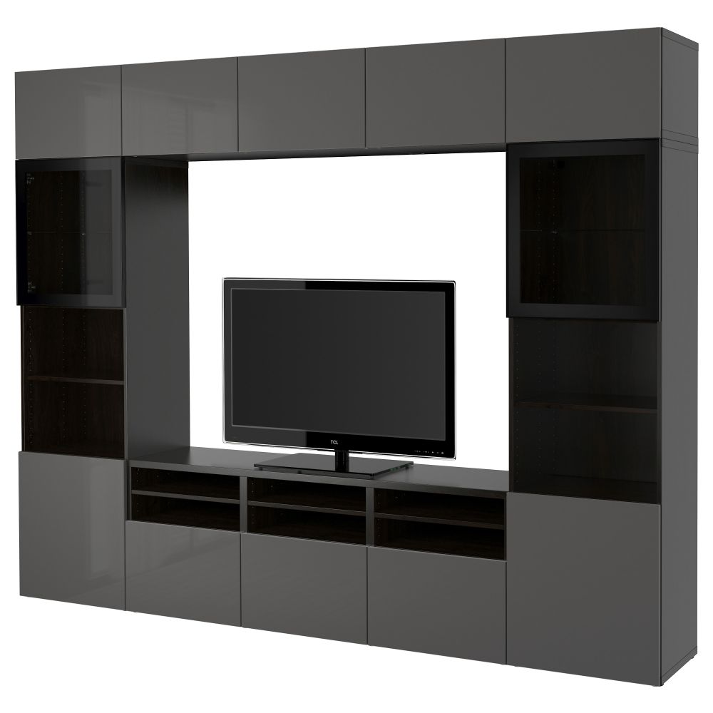 Шкаф для ТВ, комбинированный, стекляные дверцы БЕСТО, черно-коричневый, Сельсвикен глянцевый/серый прозрачное стекло (300x40x230 - фото 1