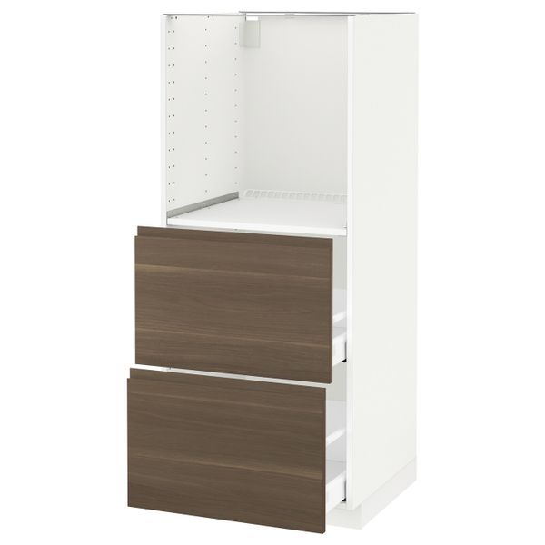 Высокий шкаф с 2 ящиками для/духовки, белый/Воксторп грецкий орех 60x60x140 см IKEA METOD МЕТОД / MAXIMERA МАКСИМЕРА 392.391.09 - фото 1