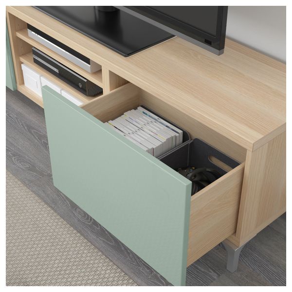 Тумба для ТВ с ящиками БЕСТО, под беленый дуб, Сельсвикен глянцевый/серо-зеленый светлый (180x40x48 см) - фото 3