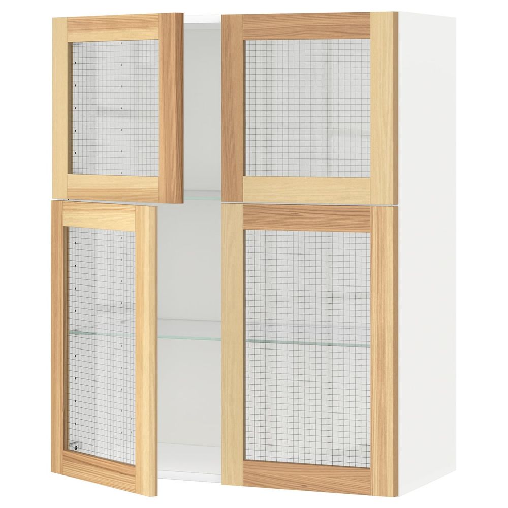 Навесной шкаф с полками, 4 стекло дв, белый/Торхэмн ясень 80x100 см IKEA METOD МЕТОД 192.259.38 - фото 1