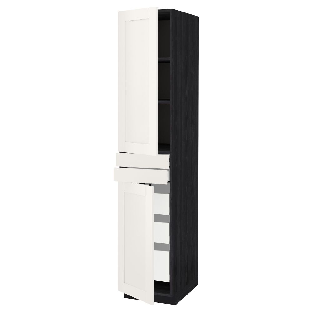 Высокий шкаф + полки, 5 ящиков, 2 дверцы, 2 фронтальных МЕТОД / МАКСИМЕРА, черный, Сэведаль белый - схема-чертеж с размерами