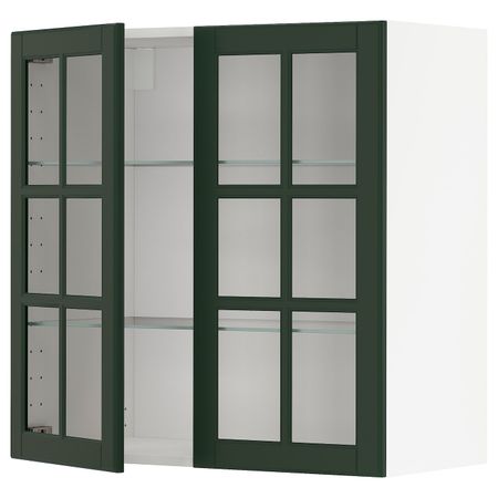 Навесной шкаф с полками, 2 стекло дв, белый/Будбин темно-зеленый 80x80 см IKEA METOD МЕТОД 993.030.22