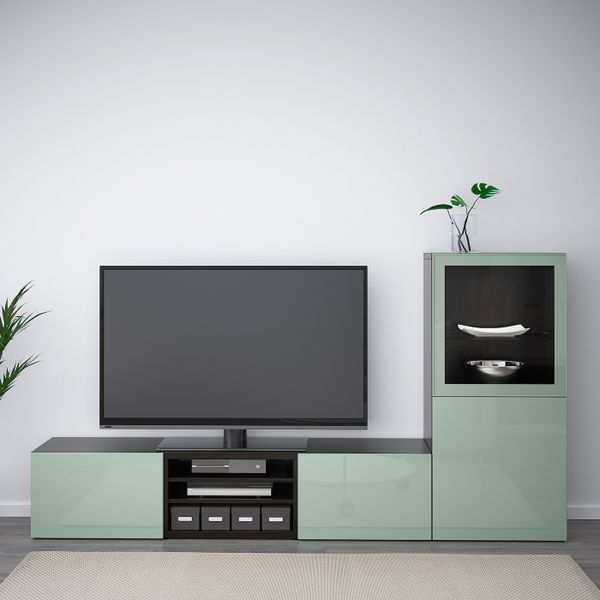 Шкаф для ТВ, комбинированный, стекляные дверцы, черно-коричневый Сельсвикен, глянцевый/серо-зеленый светлый прозрачное стекло, - фото 2