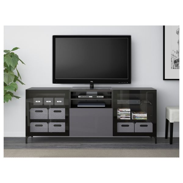 Тумба для ТВ с ящиками БЕСТО, черно-коричневый, Сельсвикен глянцевый/серый прозрачное стекло (180x40x74 см) - фото 2