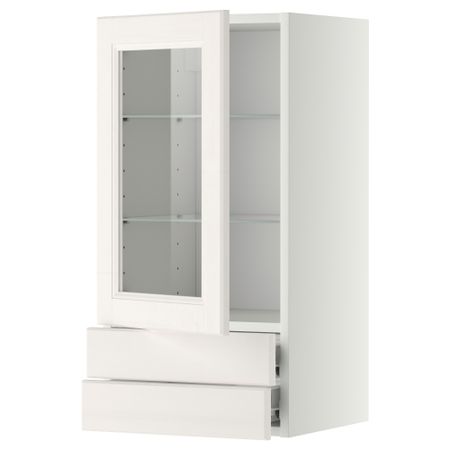 Навесной шкаф, стеклянная дверца, 2 ящика МЕТОД / ФОРВАРА, белый, Лаксарби белый