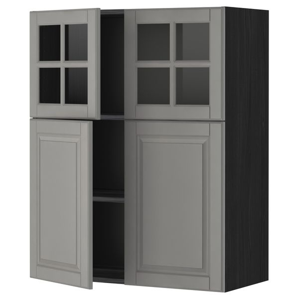 Навесной шкаф, полки, 2 двери, 2 стеклянные дверцы МЕТОД, черный, Будбин серый (80x100 см) - схема-чертеж с размерами