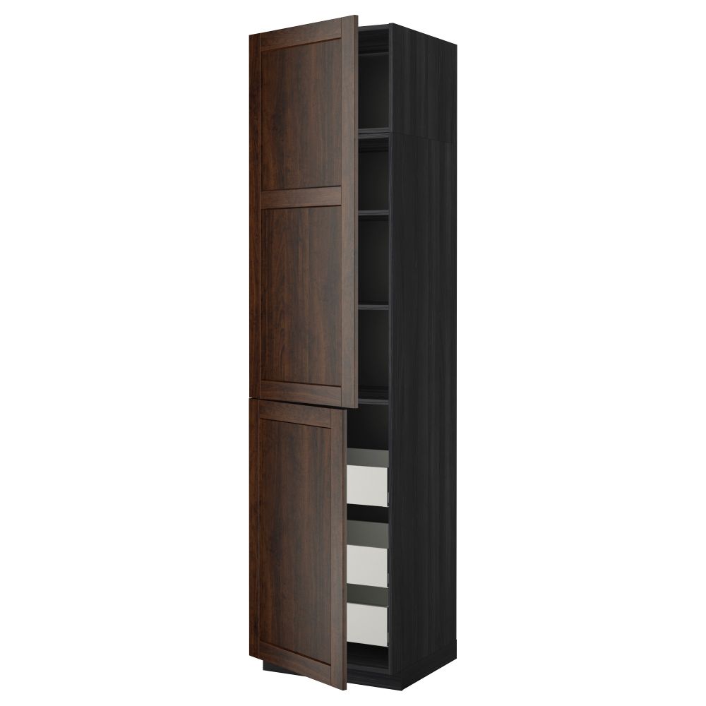 Высокий шкаф + полки, 3 ящика, 2 дверцы МЕТОД / МАКСИМЕРА, черный, Эдсерум коричневый - фото 1