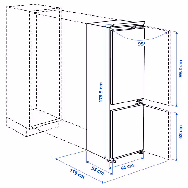 ÖVERNÄS ОВЕРНЭС Холодильник/ морозильник - IKEA 700 встраиваемый 193/74 л - схема-чертеж с размерами