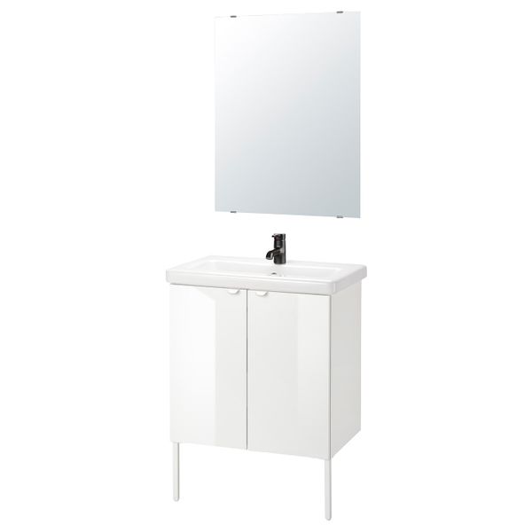 Комплект мебели для ванной,7 предм., глянцевый белый/Сальен смеситель 64x43x88 см IKEA FISKÅN ФИСКОН / TVÄLLEN ТВЭЛЛЕН - фото 1