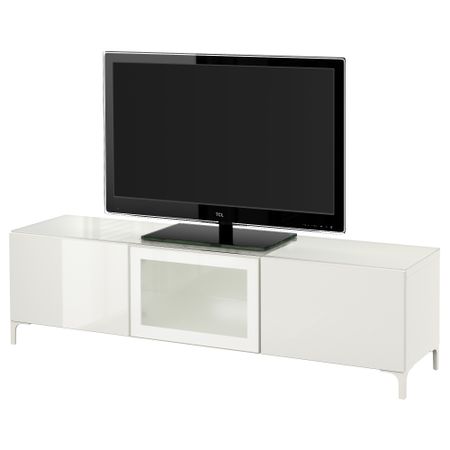 Тумба под ТВ, с дверцами БЕСТО, белый, Сельсвикен глянцевый/белый матовое стекло