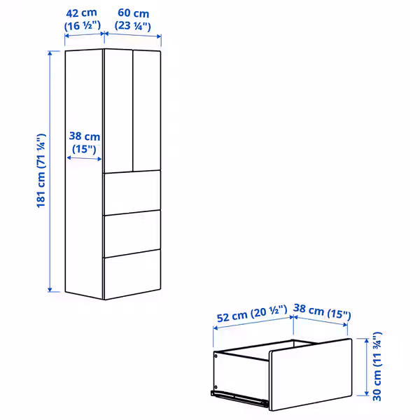 SMÅSTAD / PLATSA Гардероб - белый с рамой/с 3 ящиками 60x42x181 см - схема-чертеж с размерами