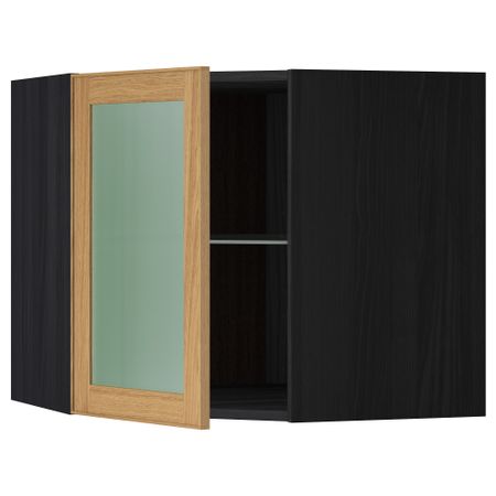 Угловой навесной шкаф с полками, стекляными дверцами МЕТОД, черный, Экестад дуб