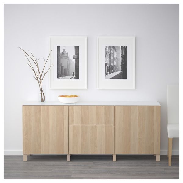 Комбинация для хранения с дверцами, ящиками БЕСТО, Лаппвикен под беленый дуб (180x42x74 см) - схема-чертеж с размерами